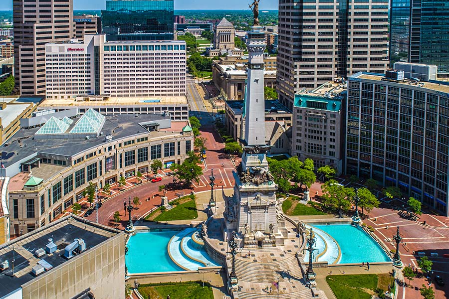 Contact - Aerial View of Indianapolis Indiana and it's Circle Center and Monument Circle